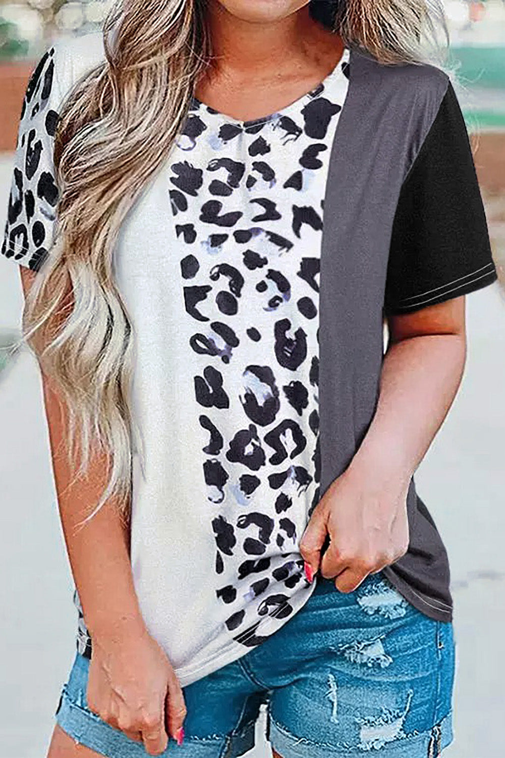 Leopard Color Block Short Sleeve Top