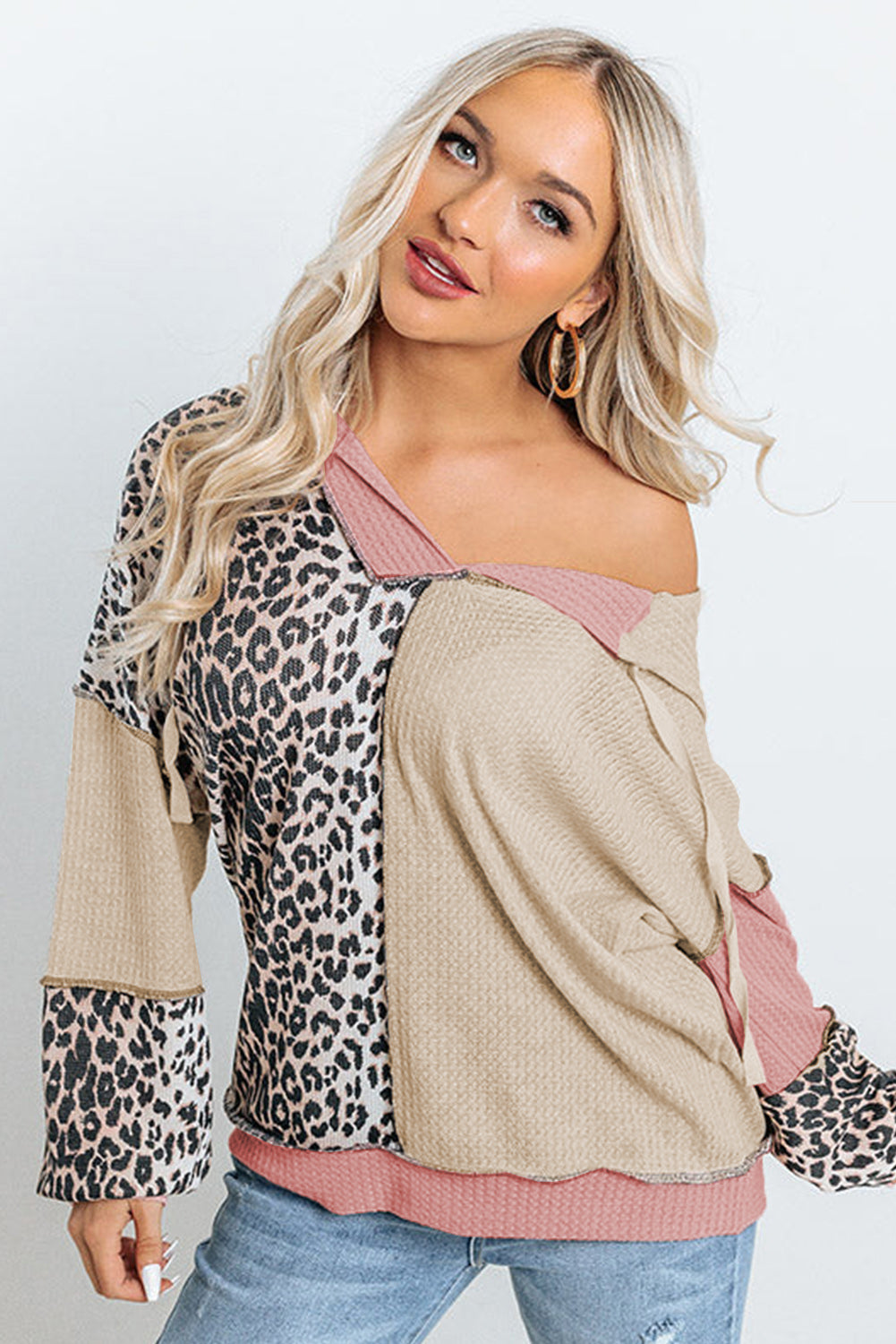 Leopard Colorblock Patchwork Waffle Knit Hoodie