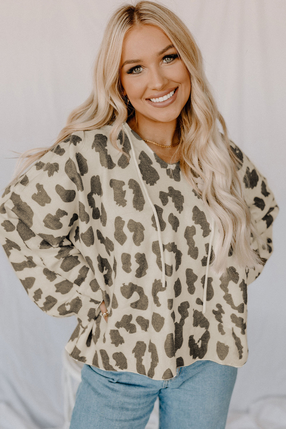 Leopard Drawstring Hooded Pullover Sweater