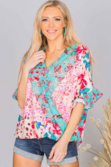 Leopard Floral Mixed Print Ruffle Sleeve Surplice Blouse