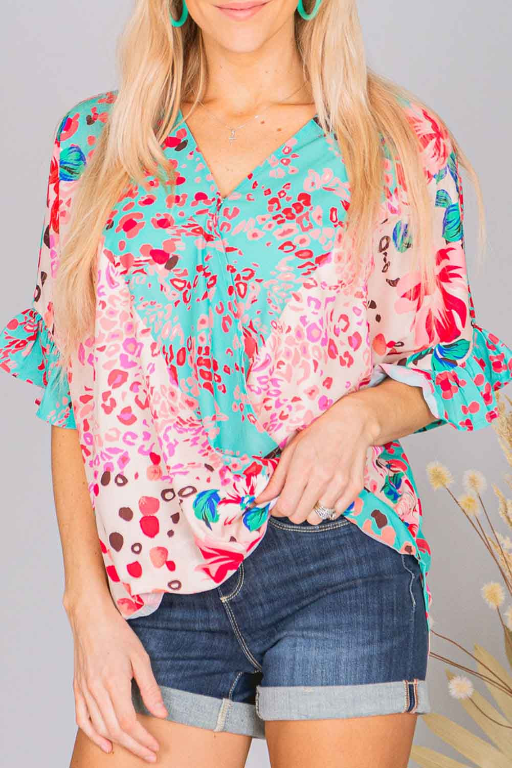 Leopard Floral Mixed Print Ruffle Sleeve Surplice Blouse
