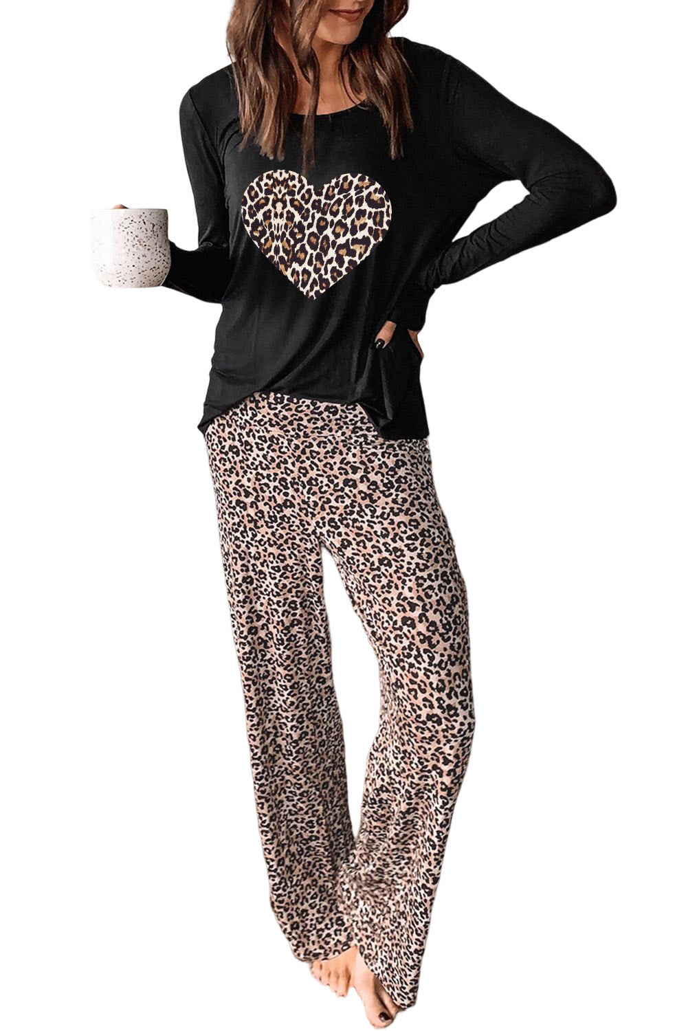 Leopard Heart Print Long Sleeve Top And Pants Loungewear