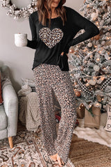 Leopard Heart Print Long Sleeve Top And Pants Loungewear