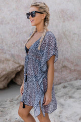 Leopard Print Ruffle Tie Knot V Neck Beach Cover-Up