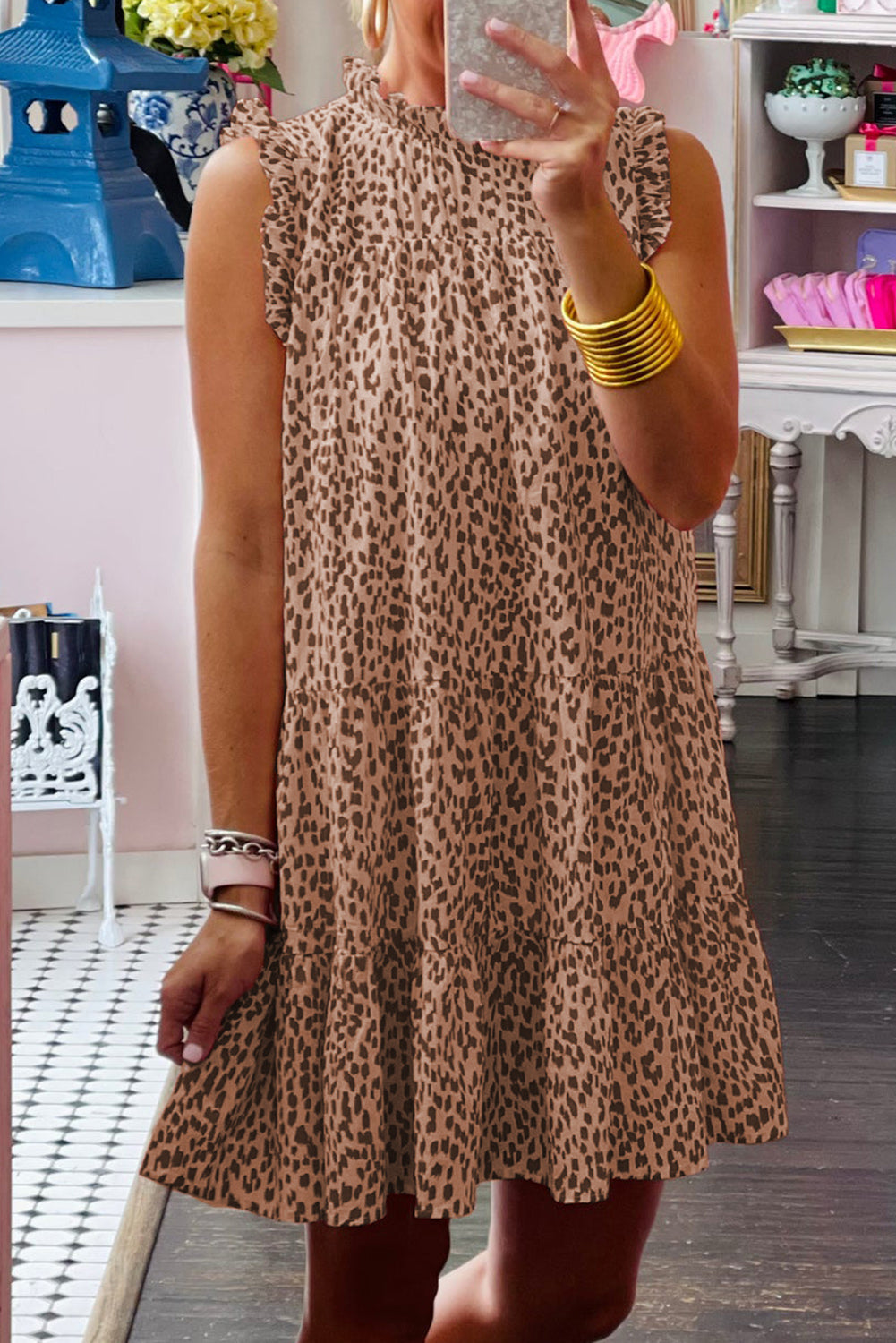 Leopard Ruffled Tiered Sleeveless Mini Dress