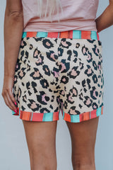Leopard Striped Patchwork Drawstring Mid Waist Shorts