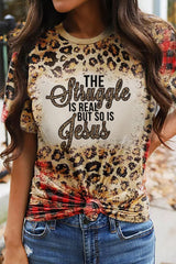 Leopard Struggle Jesus Slogan Printed T Shirt
