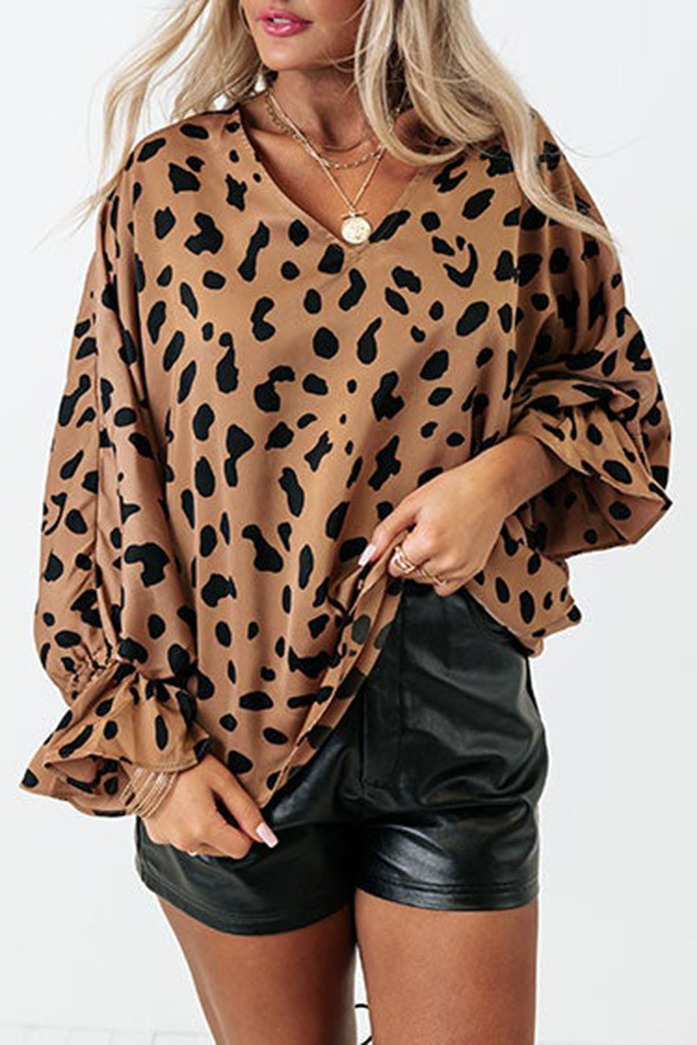 Leopard V Neck Ruffled Cuffs Loose Blouse