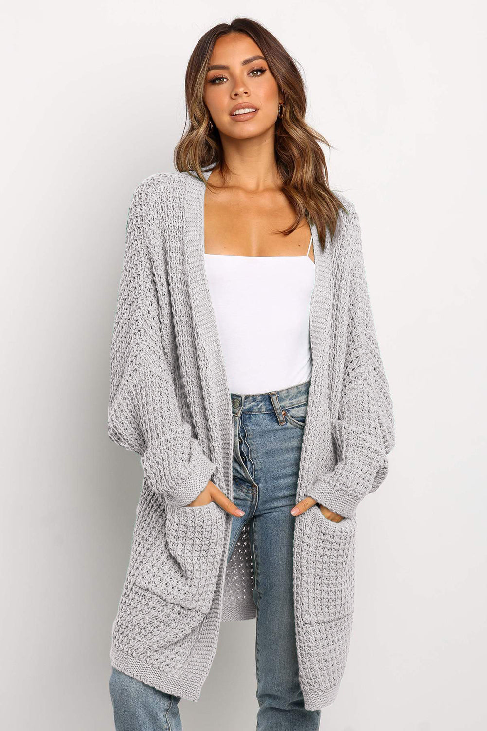 Long Line Open Front Knitted Cardigan With Pockets