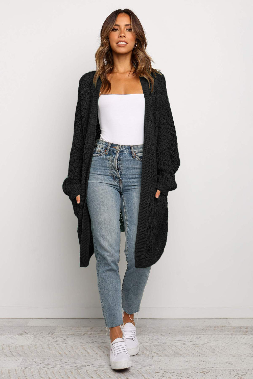 Long Line Open Front Knitted Cardigan With Pockets