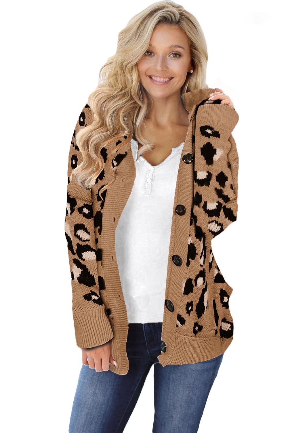 Long Sleeve Button-Up Hooded Leopard Print Cardigan