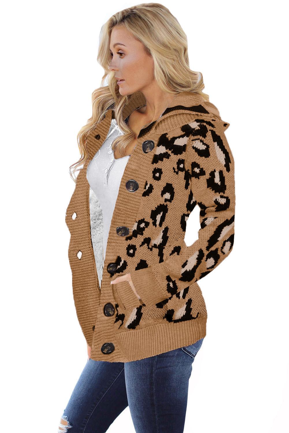 Long Sleeve Button-Up Hooded Leopard Print Cardigan
