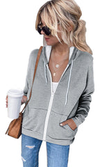 Long Sleeve Zipped Front Pocketed Hoodie With Fleece