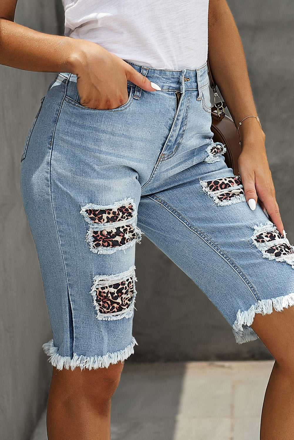 Mid-Rise Ripped Patches Denim Bermuda Shorts