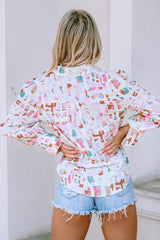 Multicolor Abstract Print Lantern Sleeve Casual Shirt