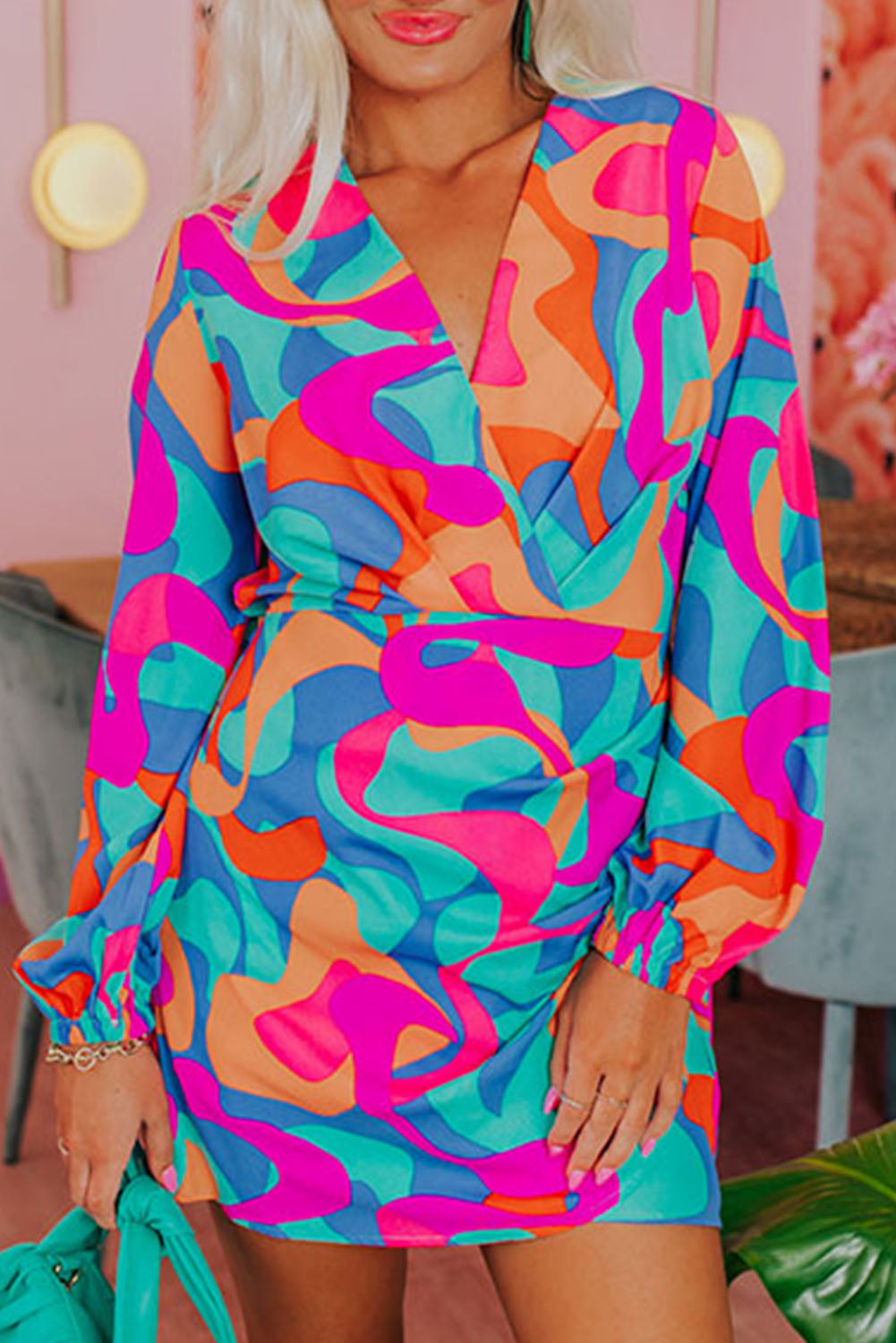 Multicolor Abstract Print Wrap V Neck Puff Sleeve Dress