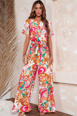 Multicolor Floral Abstract Print Belted Keyhole Back Jumpsuit