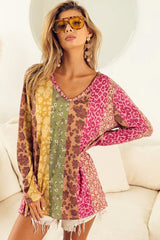 Multicolor Floral Leopard Mixed Print V Neck Long Sleeve Tee