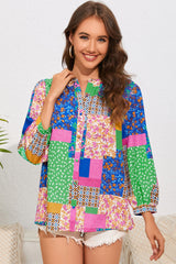 Multicolor Floral Patchwork Print Buttoned Puff Sleeve Shirt
