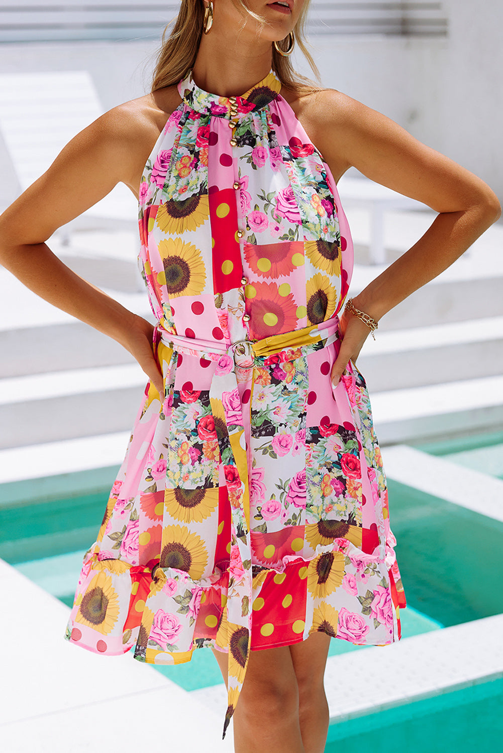 Multicolor Floral Polka Dot Print Belted Ruffled Sleeveless Mini Dress