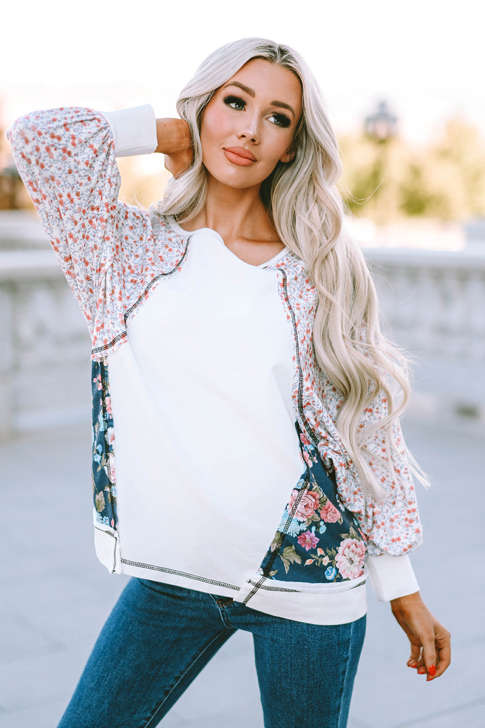 Multicolor Floral Print Patchwork Long Sleeve Top
