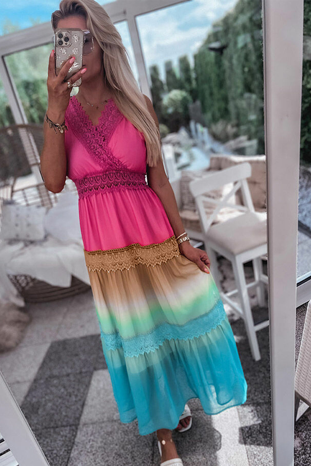 Multicolor Lace Stitching Gradient Rainbow Long Dress