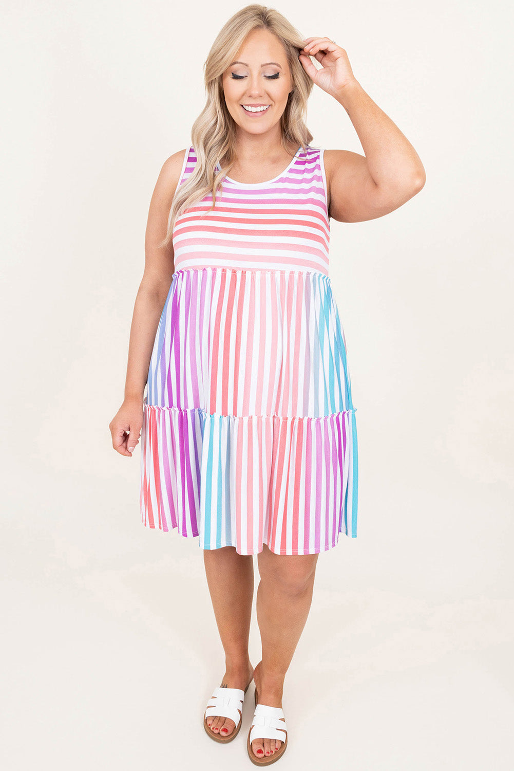 Multicolor Ombre Striped Sleeveless Tiered Plus Size Dress