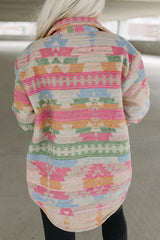 Multicolor Plus Size Flap Pockets Aztec Print Jacket
