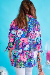 Multicolor Plus Size Floral Knotted Long Sleeve Shirt