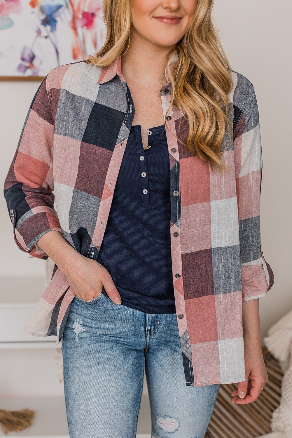 Multicolor Roll up Sleeve Plaid Pattern Shirt