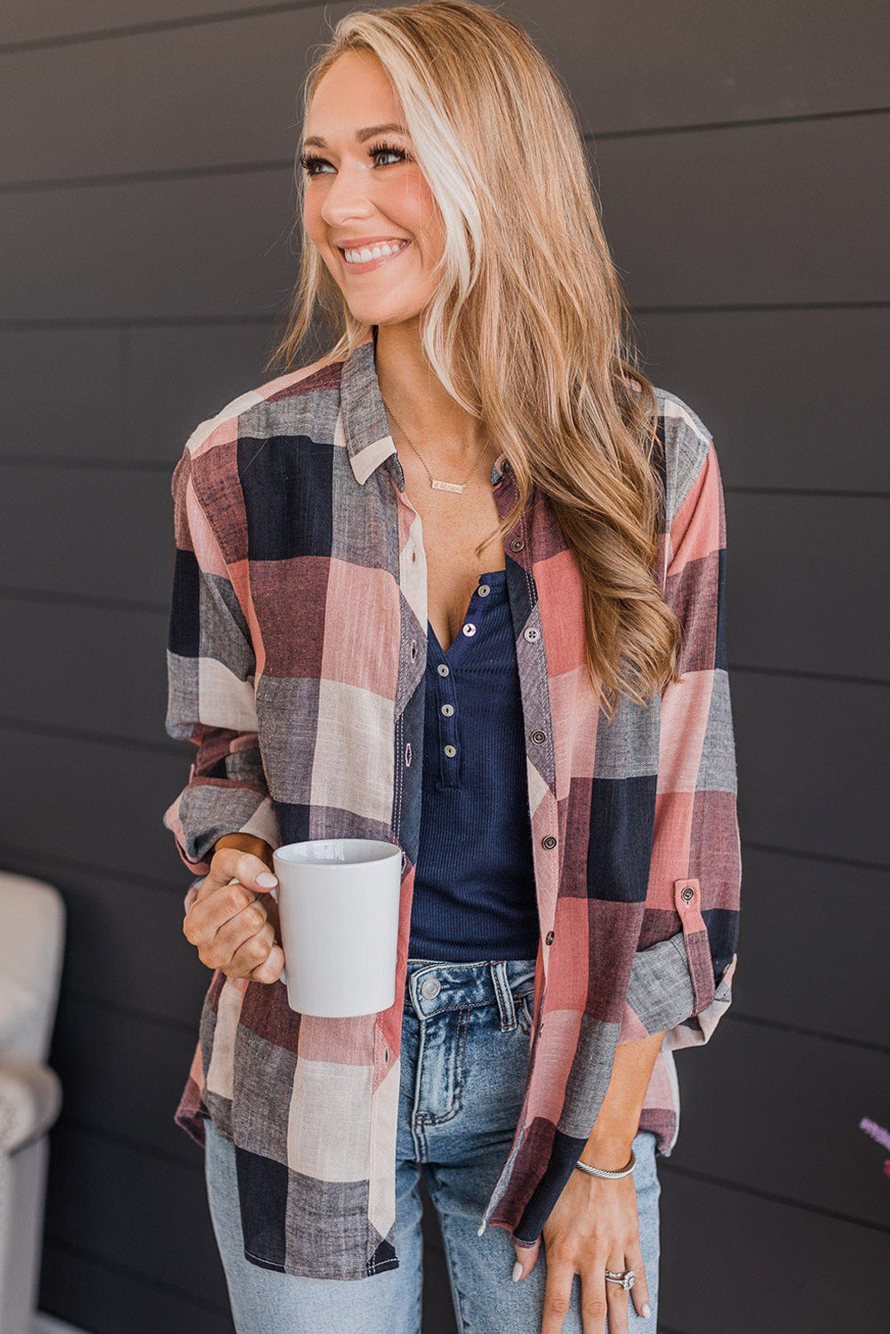 Multicolor Roll up Sleeve Plaid Pattern Shirt