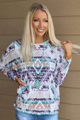 Multicolor Rustic Tribal Front Pocket Long Sleeve Top
