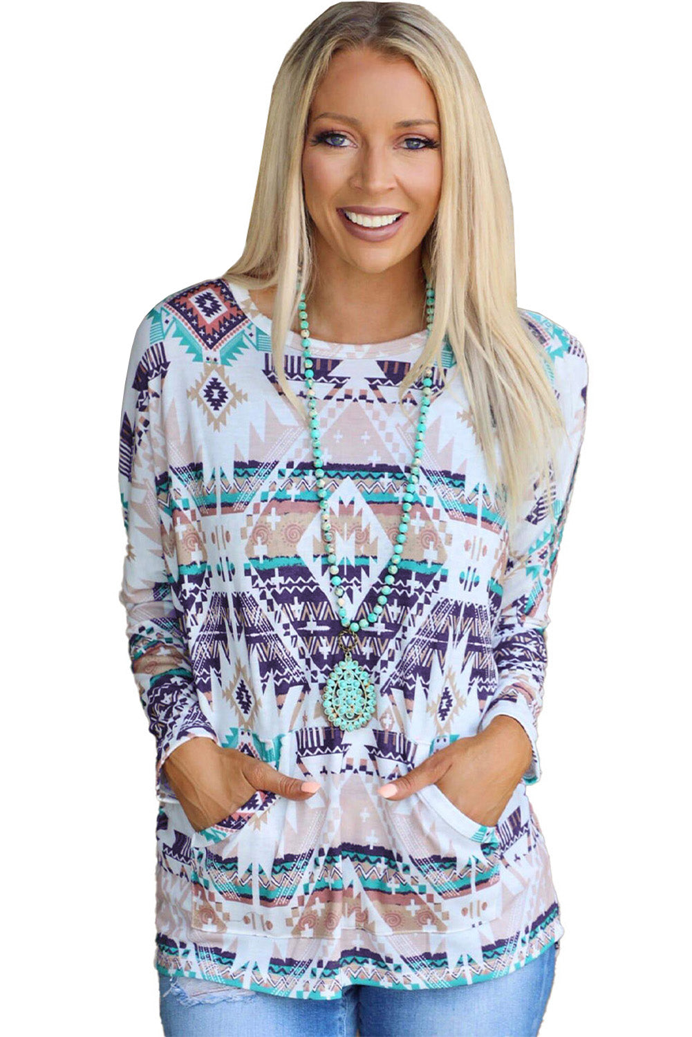 Multicolor Rustic Tribal Front Pocket Long Sleeve Top