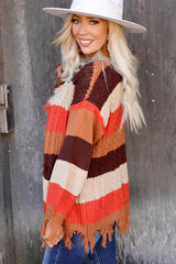 Multicolor Striped Knit Frayed Hem Cardigan