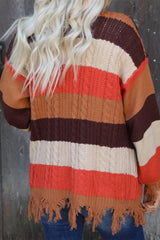 Multicolor Striped Knit Frayed Hem Cardigan