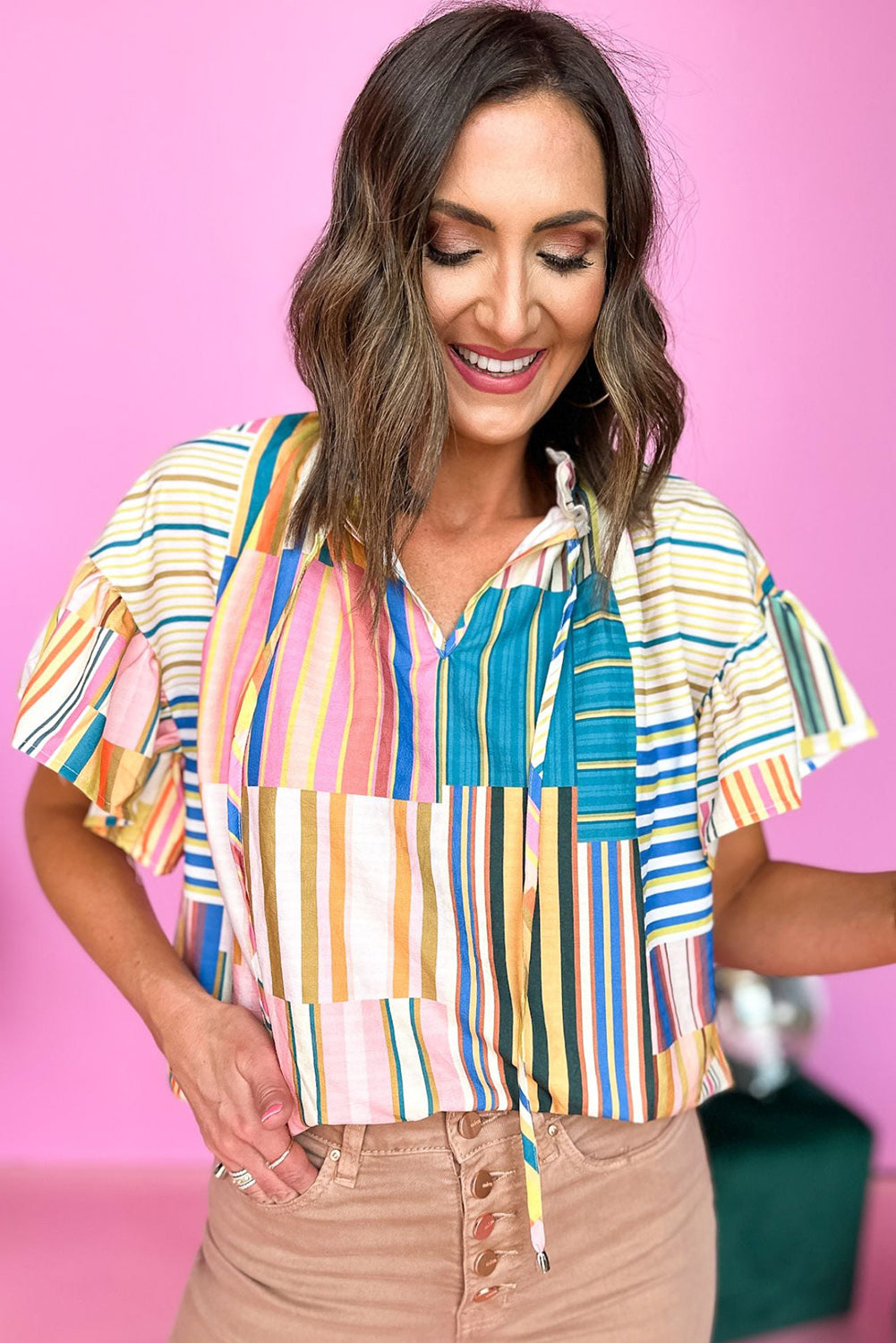 Multicolor Striped Printed Ruffle Short Sleeve Blouse