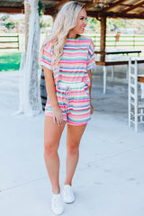 Multicolor Striped Roll-Up Tee And Shorts Set