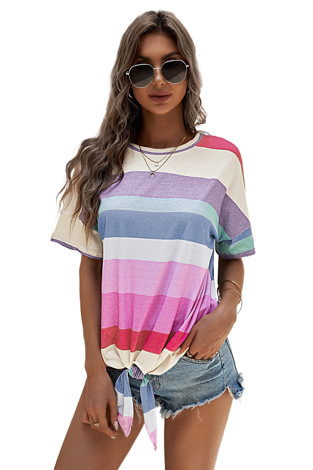 Multicolor Striped Short Sleeve Top With Knot