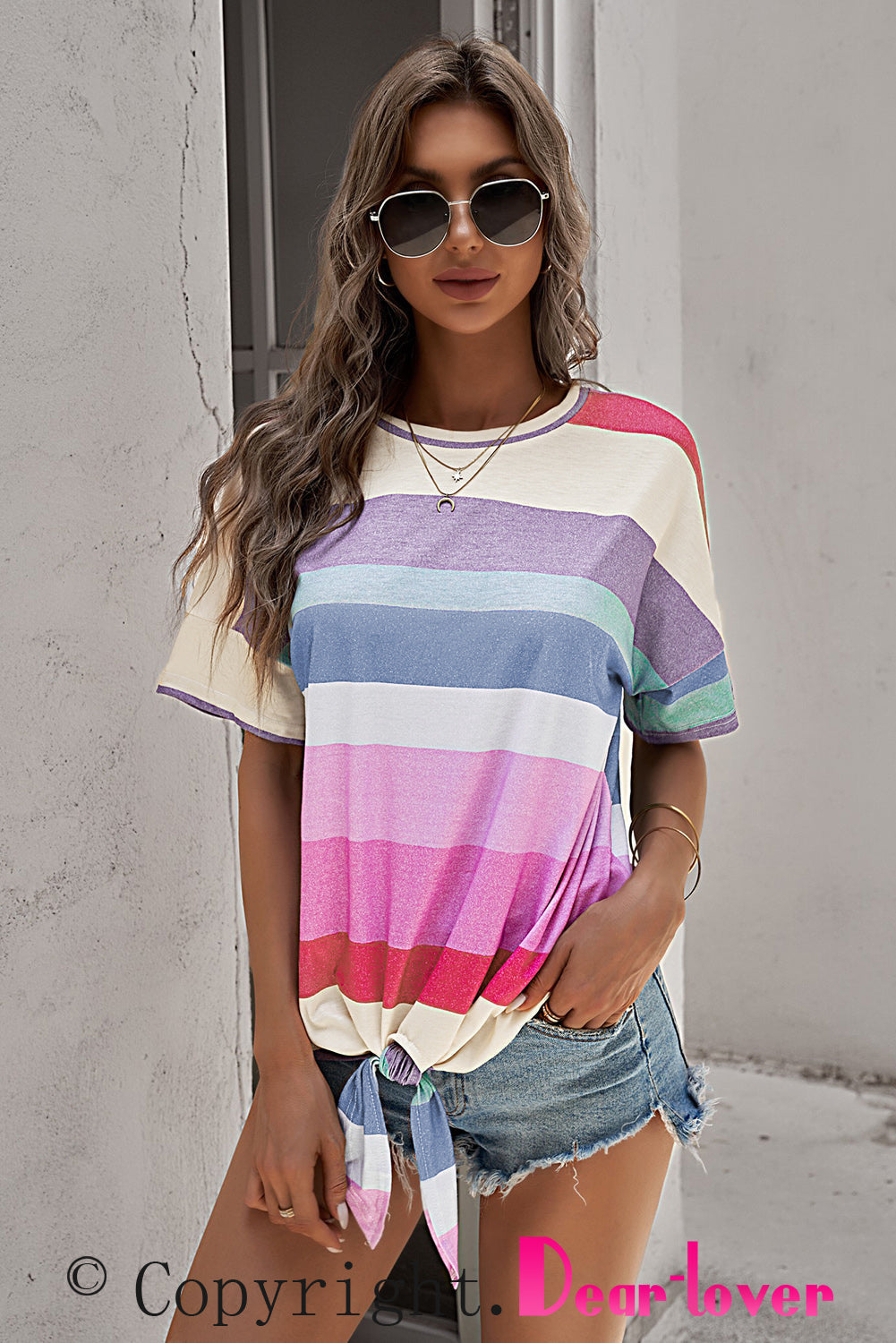Multicolor Striped Short Sleeve Top With Knot