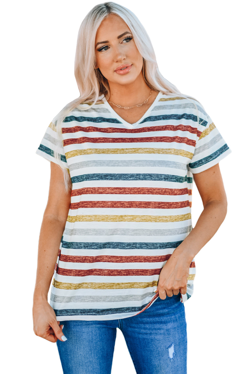 Multicolor Stripes V Neck T-Shirt