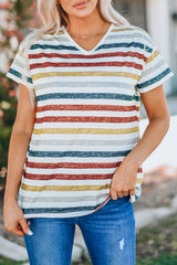 Multicolor Stripes V Neck T-Shirt
