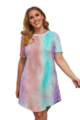 Multicolor Tie-Dye Short Sleeve Plus Size Mini Dress
