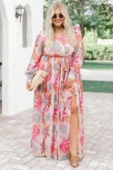Multicolor Tropical Palm Print Tie High Waist Plus Size Maxi Dress
