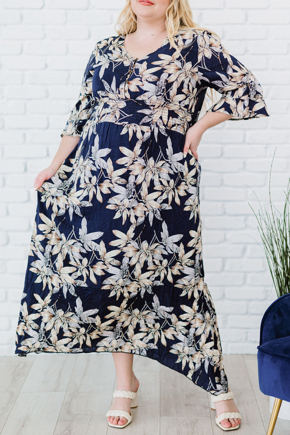 Navy Floral Print Plus Size Maxi Dress
