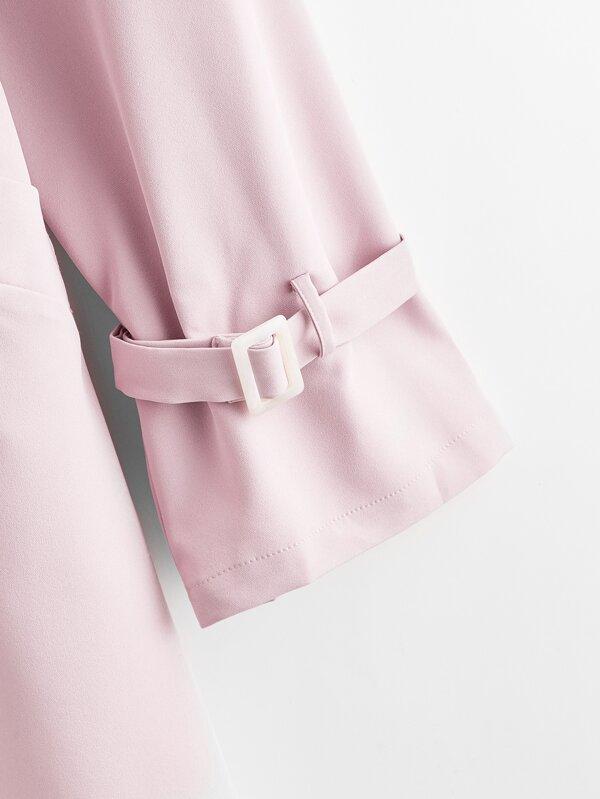 Notch Collar Buckle Strap Sleeve Self Belted Coat