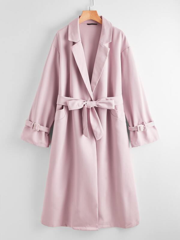 Notch Collar Buckle Strap Sleeve Self Belted Coat