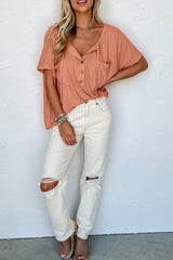 Notched V Neck Buttoned Front Textured Loose Top
