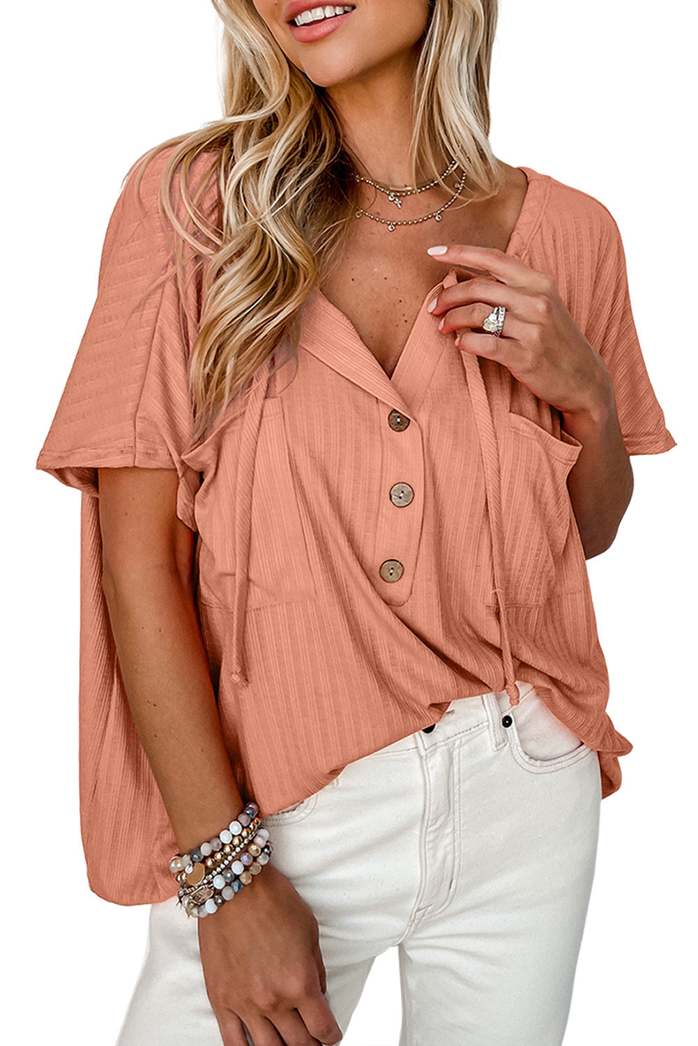Notched V Neck Buttoned Front Textured Loose Top