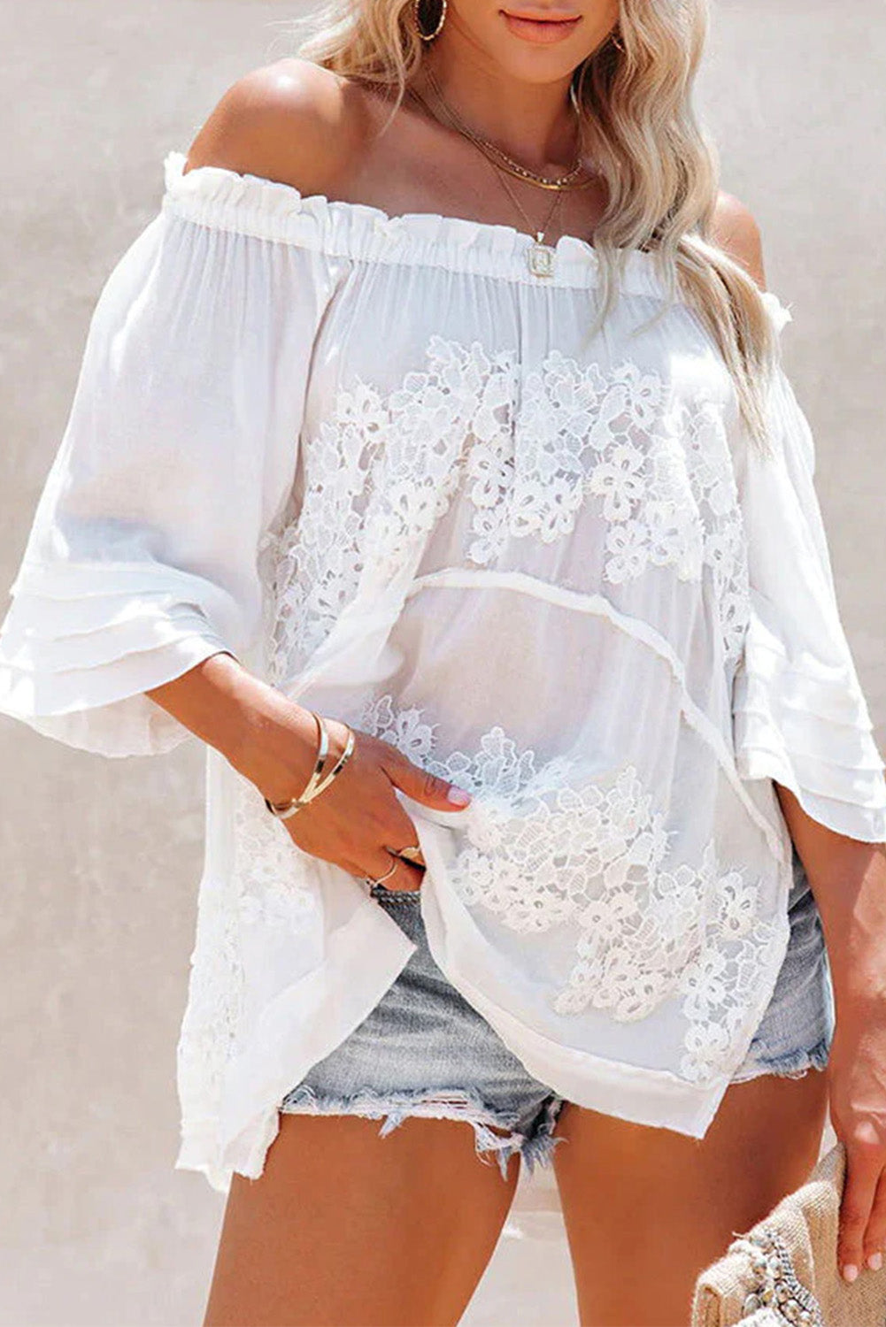 Off The Shoulder Flare Sleeve Crochet Tunic