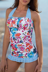 Open Back Ruched Halter Top Shorts Tankini Set